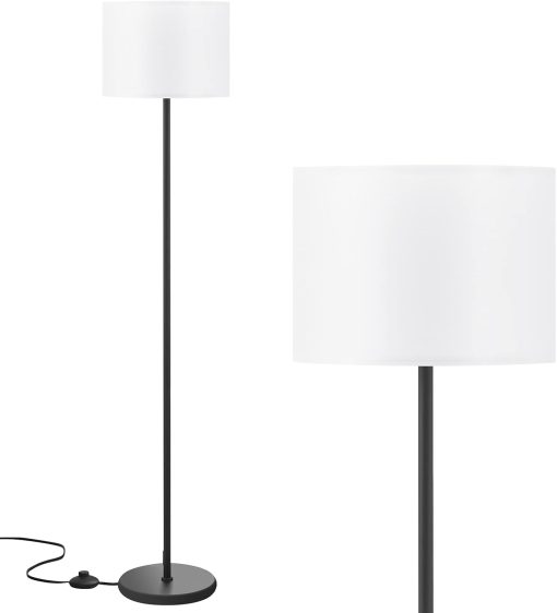 Modern Floor Lamp Simple Design with White Shade, Foot Pedal Switch, 60″ Small Tall Lamps for Living Room Bedroom Office Dining Room Kitchen, Black Pole Lamp(Without Bulb)