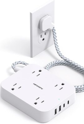 Flat Plug Extension Cord, HANYCONY 5ft Power Strip with 4 USB Ports(2 USB C), 4 Widely Outlets Extender, Wall Mount, Desk Charging Station for Office School Travel Dorm Room Essentials, ETL Listed