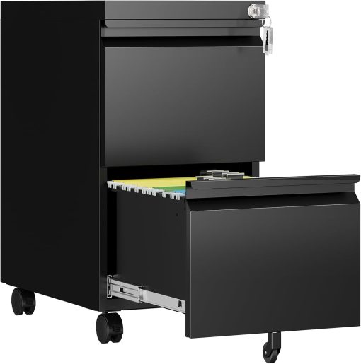 2 Drawer File Cabinet with Lock, Rolling File Cabinets for Home Office, Small Metal Filing Cabinet Office Drawers Under Desk for Letters/Legal/A4 Size, Assembly Required