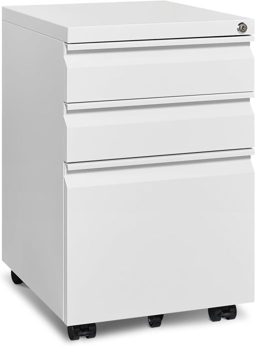 Mobile File Cabinet for Home Office, Lockable 3 Drawer Filing Cabinet with Wheels for A4-Size/Letter-Size/Legal-Size, Fully Assembled Except Casters, White