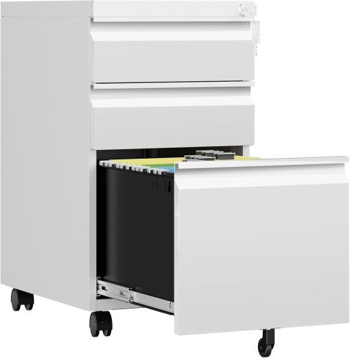 3 Drawer Mobile File Cabinet with Lock, Rolling File Cabinets for Home Office, Under Desk Small File Caninet on wheels, Metal Vertical White Filing Cabnet for Legal/Letter/A4 – Assembly Required