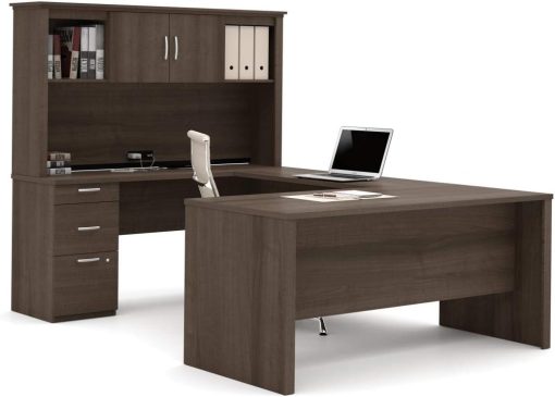Bestar Logan U or L-Shaped Executive Office Desk with Pedestal and Hutch in Antigua, 66W