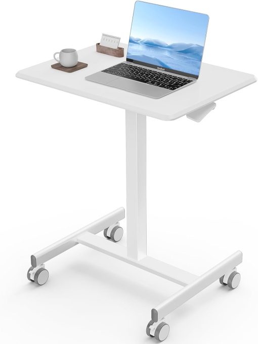 DUMOS Small Standing Desk Mobile Portable Rolling Laptop PC Table on Wheels Adjustable Height Computer Workstation for Home Office, 19 Inch, Pure White