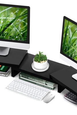 TAVR Dual Monitor Stand Riser Office Desktop Organizer Stand for 2 Monitors, Adjustable Length and Angle 3 Shelf, Extra Long Multifunctional Stand up to 43.3″ fit Computer, Laptop, TV, Black