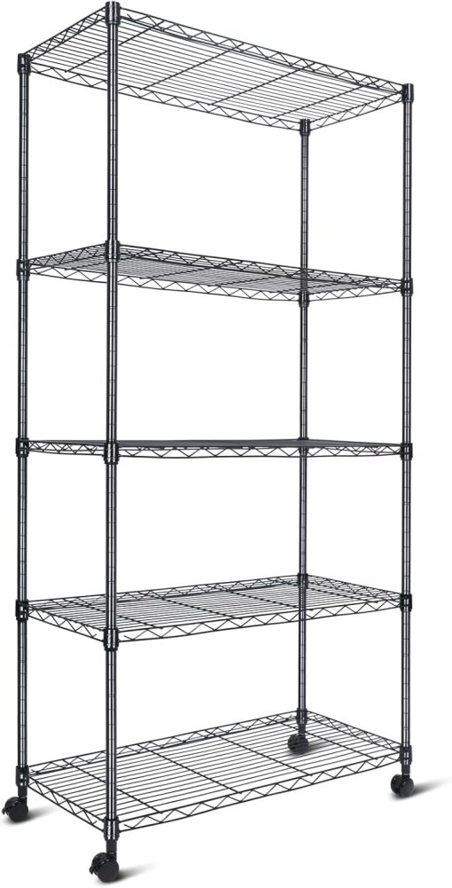 Whitmor 5 Tier Shelving Unit, Adjustable Storage Shelves with Wheels, Wire Shelving, 400 lbs Capacity per Shelf, Max 2000 lbs Total for Pantry, Kitchen, Garage, 30″ L x 14″ W x 59″ H, Blacka