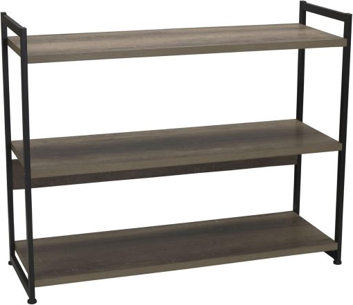 Household Essentials Jamestown Wide 3 Shelf Open Storage Bookshelf Ashwood Rustic Wood Grain and Black Metal