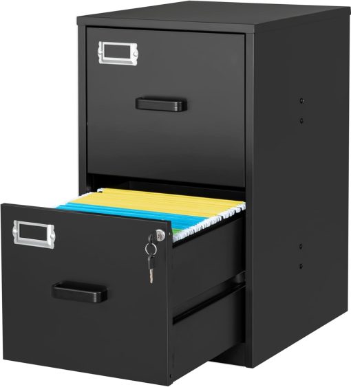 SISESOL 2 Drawer File Cabinet with Lock,Narrow Vertical Filing Cabinet,Under Desk File Cabinets,Black Metal File Cabinets for Home Office,Fit Letter Size,Files Folder,Easy Assemble