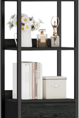 Furnulem 4-Tier Corner Shelf, Bookshelf with 2 Storage Drawers, 57.28”Tall Narrow Bookcase, Standing Shelf Organizer Unit for Living Room, Bedroom, Metal Frame, Wood Display Shelf