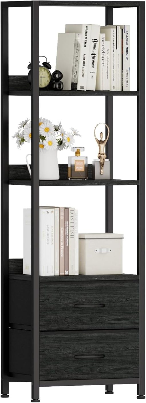 Furnulem 4-Tier Corner Shelf, Bookshelf with 2 Storage Drawers, 57.28”Tall Narrow Bookcase, Standing Shelf Organizer Unit for Living Room, Bedroom, Metal Frame, Wood Display Shelf