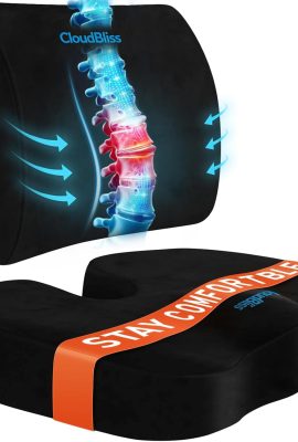 CloudBliss Seat Cushion,Office Chair Cushion,Car Seat Cushions,Lumbar Support Pillow for Office Chair,Back Support Memory Foam Pillow Coccyx Cushions for Tailbone Pain,Sciatica Back Pain Relief Black