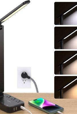 Addtam LED Desk Lamp, Power Strip with 3 Outlets 4 USB Charging Ports(2...