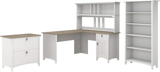 Bush Furniture Salinas 60W L Shaped Desk with Hutch, Lateral File Cabinet and 5 Shelf Bookcase in Pure White and Shiplap Gray