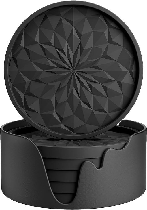 ME.FAN Silicone Coasters with Holder,[6 Pack] Drinking Coasters – Cup Mat for Hot or Cold Drinks, Thickened, Non-Slip, Non-Stick,Deep Tray Black