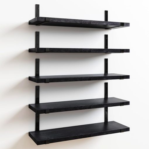 Fixwal Floating Shelves Set of 5, Width 4.7 Inches Black Wall Shelves, Rustic Wood Wall Storage Shelves for Bedroom, Living Room, Kitchen, Bathroom, Home Decor, Laundry Room, Office and Plants (Black)