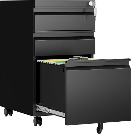 3 Drawer Mobile File Cabinet with Lock, Rolling Filing Cabinets for Home Office, Under Desk Small File Cabinet Three Drawers for Legal/Letter/A4 File, Black – Assembly Required