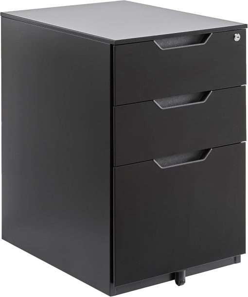 Amazon Basics 3 Drawer Mobile File Cabinet With Lock, Black, 20.71″ D x 15.51″ W x 24.29″ H