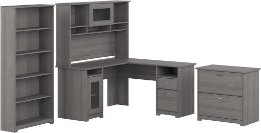 Bush Furniture L Shaped Desk with Hutch, 5 Shelf Bookcase and Lateral File Cabinet | Cabot Collection Corner Computer Table with Storage and Bookshelf | 60Wx23DX37W
