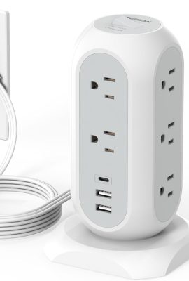 Tower Power Strip Flat Plug with 11 Outlets 3 USB (1 USB C), TESSAN Surge Protector Tower 1625W/13A,1050J Protection, 6 Feet Extension Cord with Multiple Outlets, Office Desk Supplies, Dorm Essentials