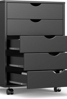 OLIXIS 5 Drawer Mobile File Cabinet Under Desk Storage Organization with Wheels Vertical Filing Chest Rolling Wood Small Desk Printer Stand for Home Office, 15.75″D x 18.74″W x 25.39″H, Black