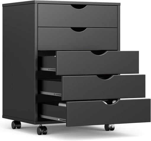 OLIXIS 5 Drawer Mobile File Cabinet Under Desk Storage Organization with Wheels Vertical Filing Chest Rolling Wood Small Desk Printer Stand for Home Office, 15.75″D x 18.74″W x 25.39″H, Black