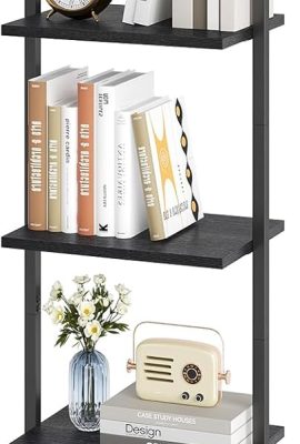 ELYKEN Ladder Shelf, 5-Tier Wood Wall Mounted Bookshelf with Metal Frame, Vintage Open Display Organizer Rack, Leaning Storage Shelves for Living Room, Bedroom, Home Office, Black