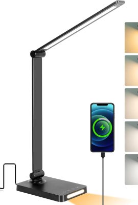 LED Desk Lamp with USB Ports,Touch Desk Lamps for Home Office with 5 Color Modes,3 Brightness Desk Light with Small Night Light,Reading Lamp Table Lamp for Bedroom Bedside Study Black （with adapter）