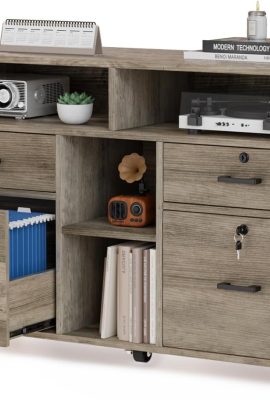 VINGLI Wide 4 Drawer File Cabinet with Lock, Rustic Grey Rolling File...