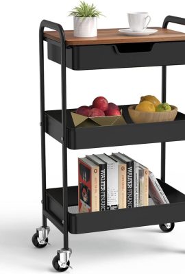 3 Tier Rolling Cart with Drawer, Metal Utility Cart on Wheels Storage... 3 Tier Rolling Cart with Drawer, Metal Utility Cart on Wheels Storage...