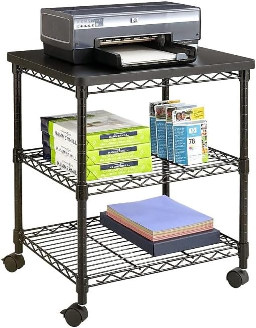 Safco Deskside 3 Tier Rolling Cart Printer Stand, Mobile Utility Table for Home Office with Steel Shelves, Black