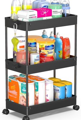 SPACEKEEPER Rolling Storage Cart 3 Tier Bathroom Cart Organizers with Wheels Laundry Room Organization Mobile Shelving Unit Utility Cart Storage Shelves Multi-Functional for Office, Home, Black