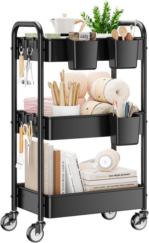 YASONIC 3 Tier Rolling Cart – Metal Utility Cart with Wheels, Hanging Cups, Hooks, Heavy Duty Mesh Rolling Storage Cart Organizer, Craft Cart for Kitchen Office, Lightweight and Sturdy