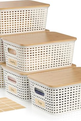 Small 5 Quart Plastic Storage Bin with Bamboo Lid, Stackable Decorative...