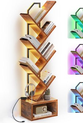 Casaottima Tree Bookshelf with LED Light Strip — 6-Tier Corner Shelf with Cabinet, Narrow Floor Standing Bookcase, Small Steel&Wood Book Shelf, Home Decor for Living Room/Bedroom/Home Office, Vintage