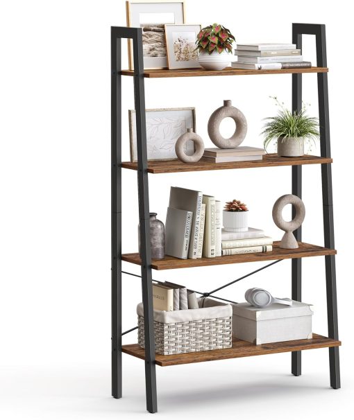 VASAGLE Ladder Shelf, 4-Tier Bookshelf, Storage Rack, Bookcase with Steel Frame, for Living Room, Home Office, Kitchen, Bedroom, Industrial Style, Rustic Brown and Ink Black ULLS144B01