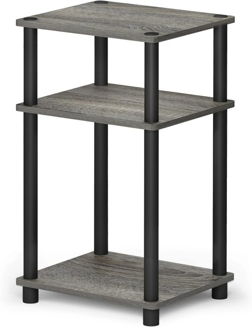 Furinno Just 3-Tier Turn-N-Tube End Table / Side Table / Night Stand / Bedside Table with Plastic Poles, 1-Pack, French Oak Grey/Black