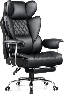 COMHOMA Big and Tall Office Chair, High Back Leather Gaming Chair with Footrest, Executive Ergonomic Office Chair with Pocket Spring Lumbar Support and with Outward Fixed Soft Armrests