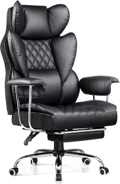 COMHOMA Big and Tall Office Chair, High Back Leather Gaming Chair with Footrest, Executive Ergonomic Office Chair with Pocket Spring Lumbar Support and with Outward Fixed Soft Armrests