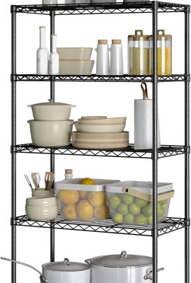 Seville Classics Solid Steel Wire Shelving Storage Unit Adjustable Shelves Organizer Rack, for Home, Kitchen, Office, Garage, Bedroom, Closet, Black, 5-Tier, 30″ W x 14″ D (New Model)