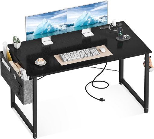 ODK Computer Desk – 48 Inch Office Writing Desk for Home, Student Study Desk with Storage Bag, Headphone Hook & Power Outlets, Modern Simple Table for Bedroom, Black