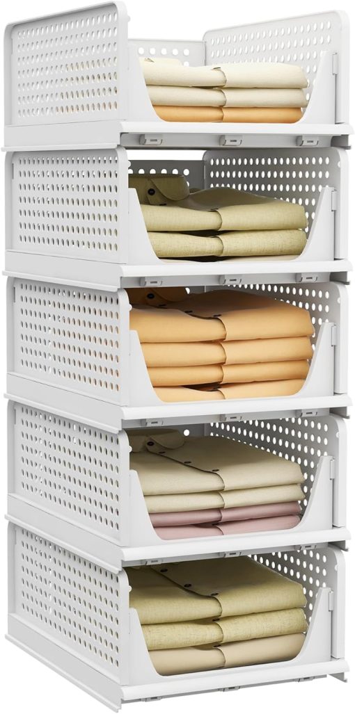 Pinkpum Stackable Plastic Storage Basket-Foldable Closet Organizers and Storage Bins 5 Pack Drawer Shelf Storage Container for Wardrobe Cupboard Kitchen Bathroom Office 5L