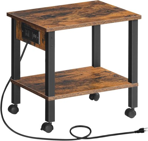 HOOBRO 2-Tier Printer Stand With Charging Station, Under Desk Table, Cart With Storage Shelves, Shelf for Small Spaces, Home Office, Rustic Brown and Black BF38UPS01