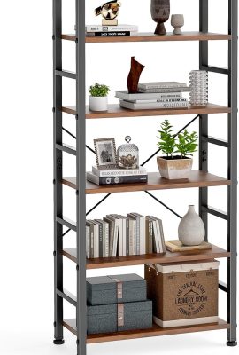 DUMOS 5 Tiers Bookshelf, Classical Modern Book Shelf, Tall Display Shelves in Living Room/Home/Office, Storage Organizer for CDs/Books/Movies, Rustic Brown