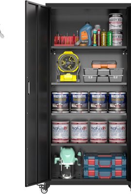 Aobabo 73”H Metal Garage Storage Cabinet with Wheels,Steel Cabinets with 2 Doors and 4 Adjustable Shelves for Home Office,Required Assembly,Black
