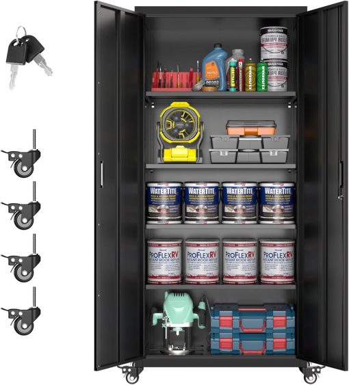 Aobabo 73”H Metal Garage Storage Cabinet with Wheels,Steel Cabinets with 2 Doors and 4 Adjustable Shelves for Home Office,Required Assembly,Black