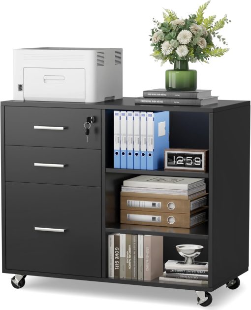 Furmax 3 Drawer Mobile File Cabinet, Wood Lateral Filing Cabinet with 4 Wheels & Adjustable Shelves, Printer Stand Storage Organizer for Office Home