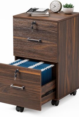 VINGLI 2 Drawer File Cabinet with Lock, Wood Dark Brown File Cabinets...