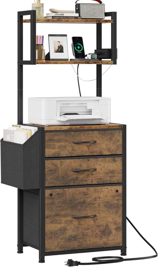 3 Drawer File Cabinet with Charging Station (2AC&2USB), 3-Tier Tall Filing Cabinet for Home Office with Storage Shelf, Printer Stand, Fabric Drawer Fits A4/Letter Size, 45”H, Rustic Brown