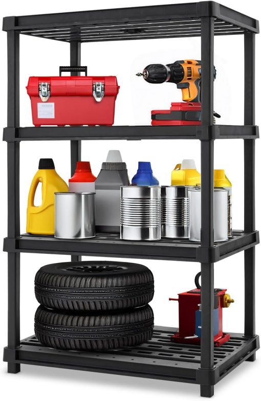 IRIS USA 4-Shelf Extra Heavy Duty Deep Plastic Storage Shelves, 600lb Capacity, 57″ H x 36″ W x 24″ D, Large Modular Shelving Unit Storage Organizer for Garage, Home, Warehouse & Gym, Rack – Black