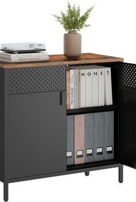 SONGMICS Storage Cabinet, Metal Cabinet, Sideboard with 2 Doors, 15.7 x 31.5 x 29.9 Inches, Magnetic Closure, Adjustable Shelf, Steel Frame, Rustic Brown and Black ULSC102B01