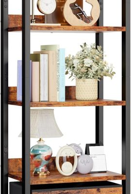 Furologee 5 Tier Bookshelf with Drawer, Tall Narrow Bookcase with Shelves, Wood and Metal Bookshelves Storage Organizer, Industrial Display Standing Shelf Unit for Bedroom, Living Room, Rustic Brown
